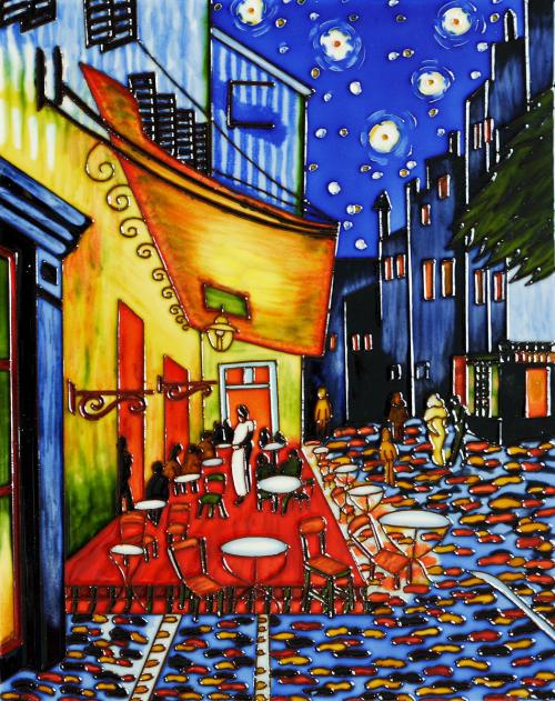 Art Reproduction Oil Painting - Cafe Terrace at Night Trivet/Wall Accent Tile (felt back) - Tile 11 X 14 - Hand Painted Canvas Art