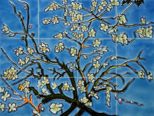 Art Reproduction Oil Painting - Branches of an Almond Tree Mural Wall Tiles - Tile 18 X 24 - Hand Painted Canvas Art