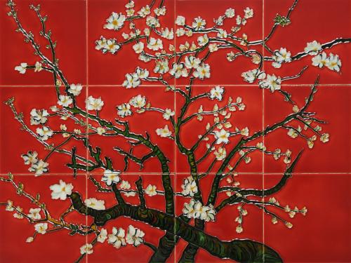 Art Reproduction Oil Painting - Branches of an Almond Tree (Red) Mural Wall Tiles - Tile 18 X 24 - Hand Painted Canvas Art