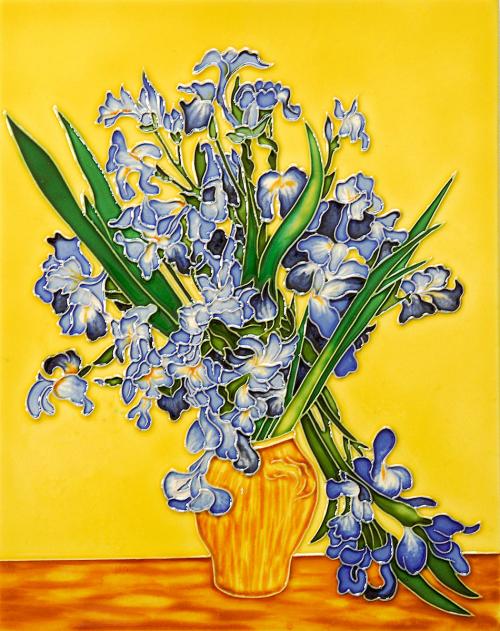 Art Reproduction Oil Painting - Irises in a Vase Trivet/Wall Accent Tile - Tile 11 X 14 - Hand Painted Canvas Art