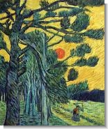 Van Gogh Paintings: Pine Trees against a Red Sky with Setting sun